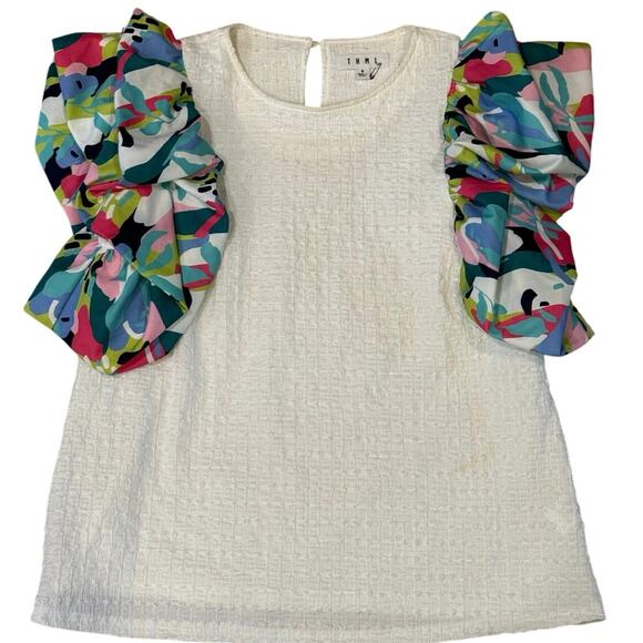 White Textured Top with Bright Puff Sleeves – THML Size S - Picture 2 of 8